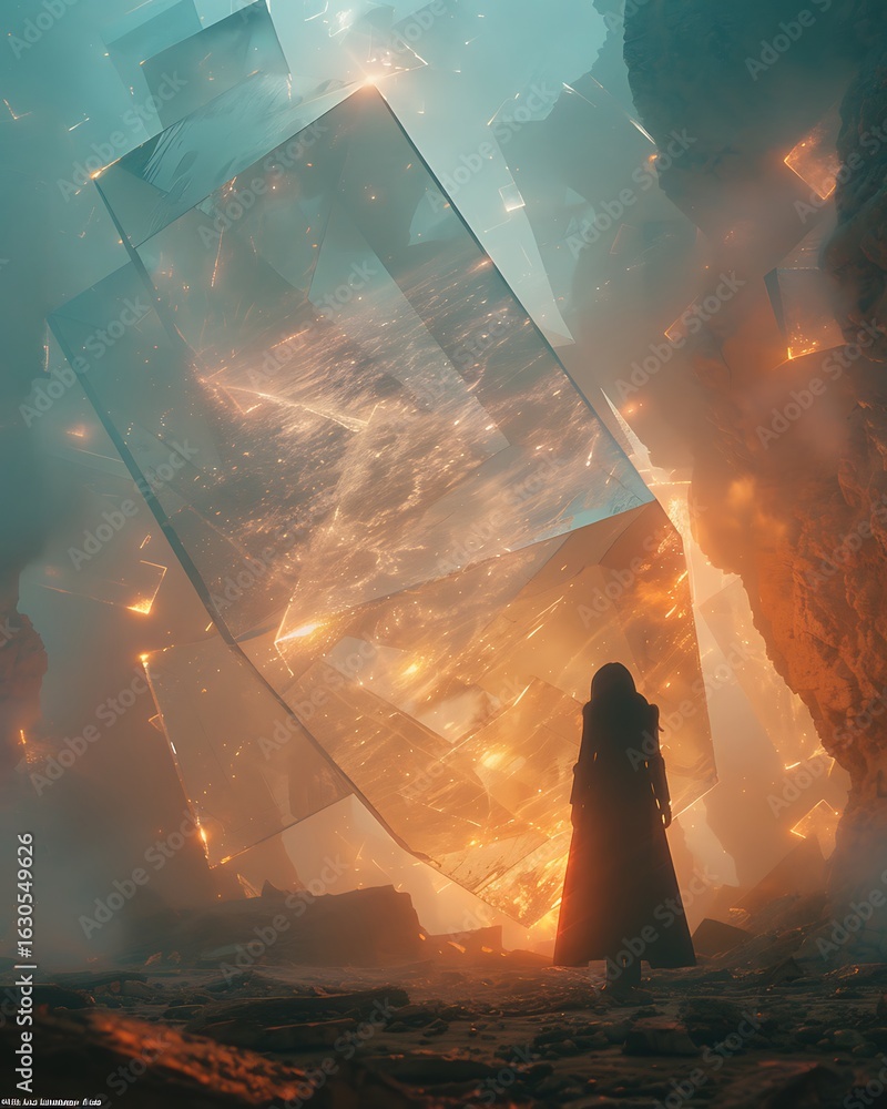 Poster a person stands before a portal to another dimension in a surreal scene