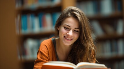 A young woman sits in a serene library, deeply engaged in a book. Natural light cascades through nearby shelves, enhancing her smile and creating a warm atmosphere.