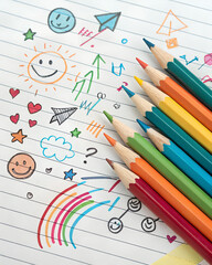 "Top-down view of scattered colored pencils on ruled notebook paper, with doodles, arrows, and smiley faces, perfect for back-to-school card or invitation"
