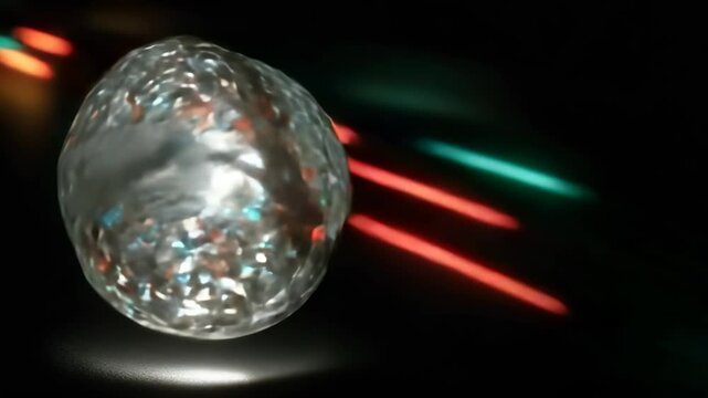 textured gray asteroid sphere flying rapidly across black space with blurred cyan and orange neon light streaks