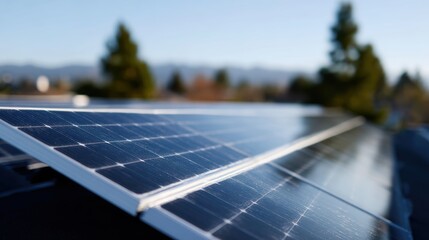 Residential rooftop solar array reflecting the clear sky, widespread adoption of home renewables. Community, efficiency. Sunny, clean.