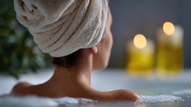 Person enjoying a warm bath with essential oils, ritual of self-care and relaxation. Tranquility, indulgence. Peaceful, luxurious.