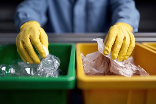 Close-up of hands separating different types of recyclable materials into bins, responsible waste management. Recycling, eco-friendly. Clean, organized.