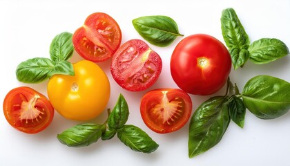 Fototapeta premium Various Colorful Tomatoes and Basil Leaves – Isolated on White Background, Top View
