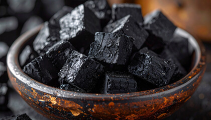 Black charcoal briquettes stacked in bowl for culinary. Fuel for fire or grill preparation.