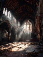 Fototapeta premium Sun shines in derelict church, leaves scatter on floor. Used for backgrounds