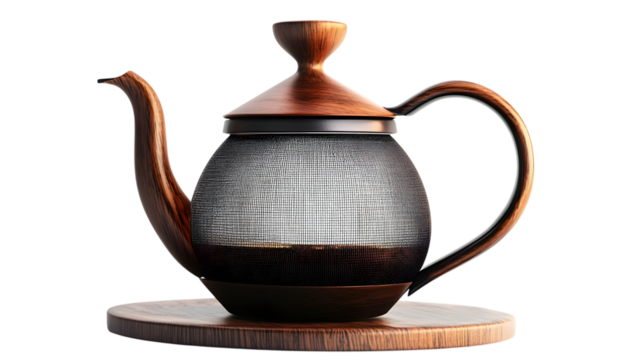 Elegant wooden tea kettle ready for brewing a delicious cup with a transparent mesh body design isolated on white background 