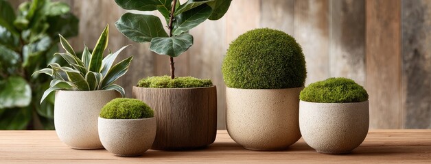 Fototapeta premium Stylishly arranged potted plants showcase various textures and shapes against a soft white background, enhancing indoor decor