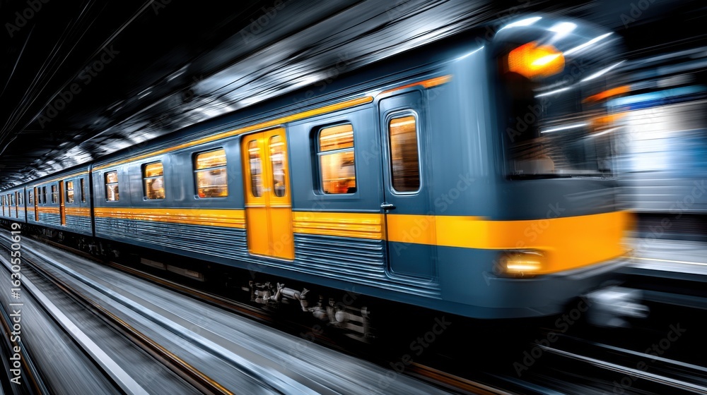 Poster high-speed train moving through a modern station with motion blur effect