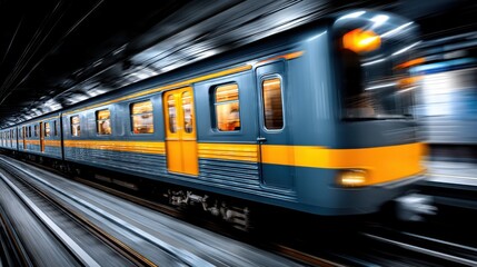 Obraz premium High-speed train moving through a modern station with motion blur effect