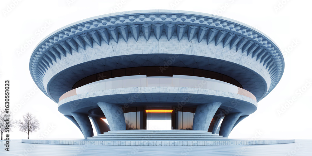 Poster a modern building with a circular design featuring pillars and a decorative roof structure