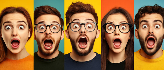 Four people wearing glasses with open mouths expressing surprise on a multicolored background. Useful for articles on reactions, emotions and social interactions.