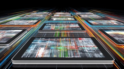 Digital tablets displaying colorful data visualizations with a futuristic appearance