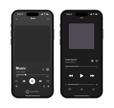 Spotify and Apple Music UI mockup with playlist layout, album covers, playback controls, logo, download label, light and dark modes on iPhone 16 template