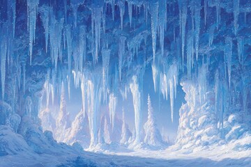 Anime background Magical ice palace icicles hang like crystals frosty air biting cold