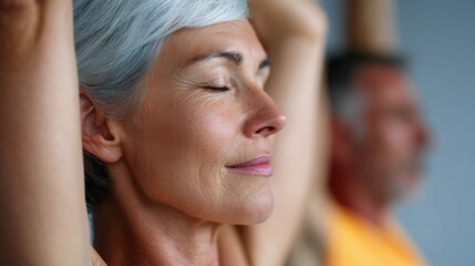Patient engaging in a yoga session for chronic pain management, therapeutic exercise. Rehabilitation, flexibility. Calm, gentle.