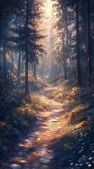 Fototapeta premium Forest path illuminated by sunlight, mysterious and peaceful atmosphere. Great for travel magazines, ecotourism ads and backgrounds for nature apps.