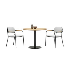 Modern cafe set with two chairs and round table isolated on transparent background