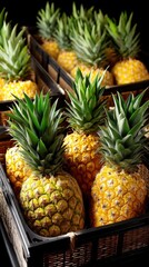 Pineapples with green leaves arranged in baskets on display