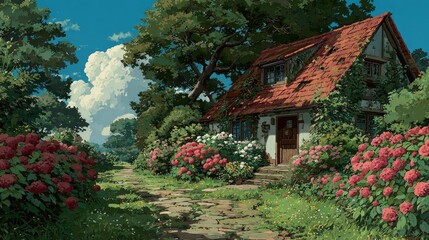 Anime background Quaint English cottage garden hydrangeas blooming exuberantly bees buzzing contentedly