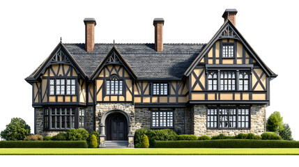 Stately Tudor home with manicured lawn and stone facade offers elegant traditional living and curb appeal isolated on white background 