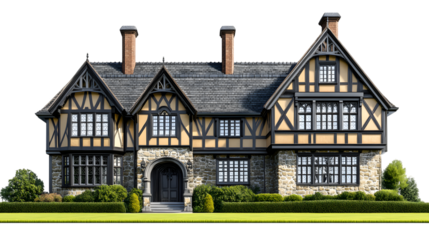 Stately Tudor home with manicured lawn and stone facade offers elegant traditional living and curb appeal isolated on white background 