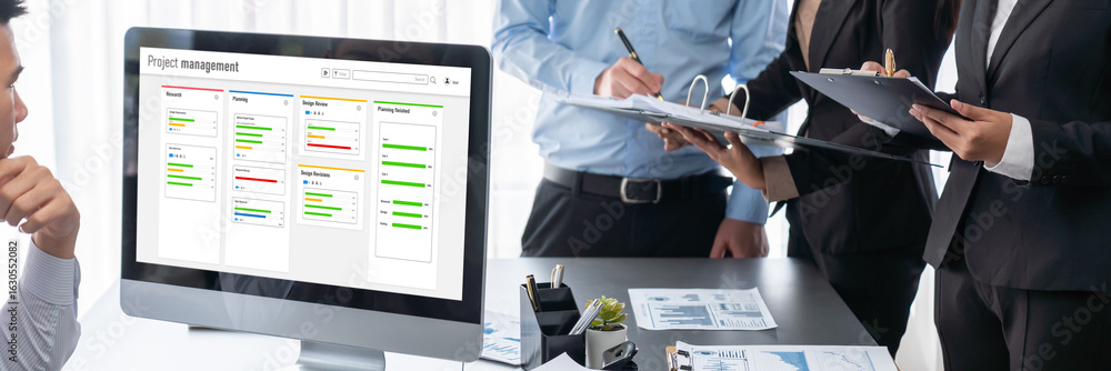 Aufkleber business intelligence and data analysis concept. analyst team working on financial data analysis das