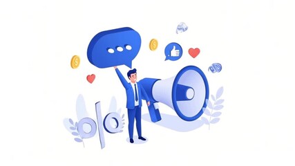 A businessman holds a megaphone and a speech bubble, symbolizing marketing, promotion, and social media engagement. - Powered by Adobe