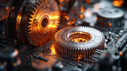 Fototapeta premium Close-up of metallic gears and circuit board with warm lighting and shallow depth.
