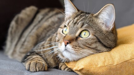 A tabby cat with yellow eyes resting on a yellow pillow on a gray surface