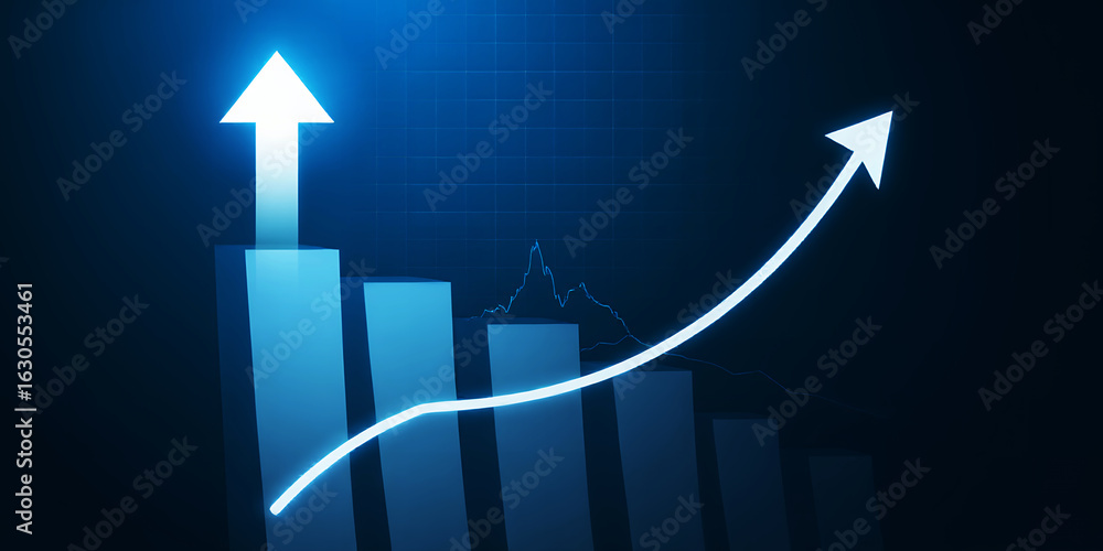 Poster a blue toned image displaying a bar graph with an arrow pointing upwards to show growth