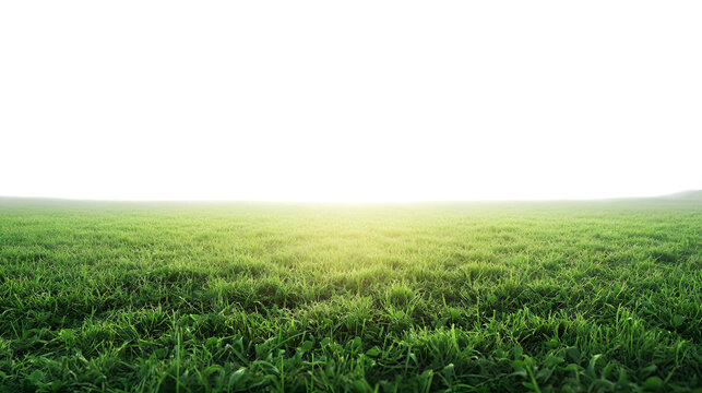 Lush green grass field illuminated by sunlight, perfect for adding foreground interest to your designs isolated on white background 