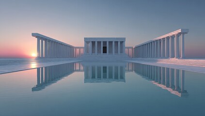 Pale stone temple, mirrored in tranquil water, at sunrise