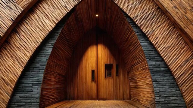 Exquisite wood and stone structure features impressive arched entryway design