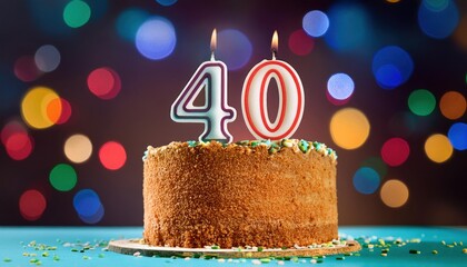 Tasty 40th Birthday Cake with Candles on Colorful Background