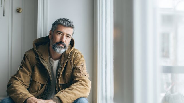 Contemplative man in a brown jacket by a window for thoughtful mood and lifestyle concetpt - Powered by Adobe