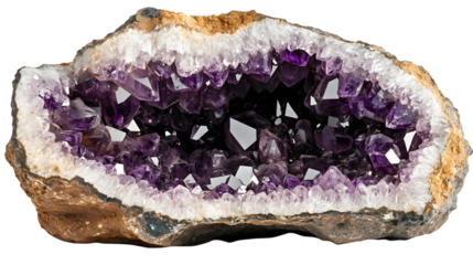 Stunning amethyst geode with sparkling crystals, perfect for spiritual healing and home decor accents isolated on white background 