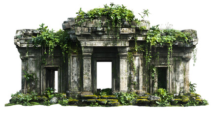 Explore ancient ruins overgrown with lush greenery, perfect for adventure games or historical documentaries isolated on white background 