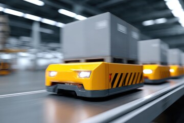Automated guided vehicles (AGVs) transporting goods in a factory, internal logistics. Efficiency, safety. Industrial, functional.
