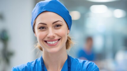 A healthcare worker in blue scrubs and a cap smiles warmly, displaying a positive attitude in a hospital environment during a shift. Her confidence reflects her dedication to patient care.