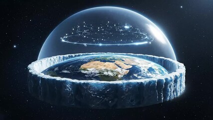 Flat Earth Map Theory: Conceptual Visualization of a Flat Earth Model in Space with Ice Wall and Dome - Powered by Adobe