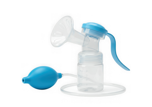 Manual breast pump with blue bulb isolated on transparent background