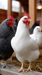 Fototapeta premium Two chickens exhibit serious expressions while surrounded by others in a well-lit farm area, highlighting their unique personalities