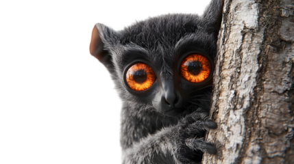 Endearing spectral tarsier peeks inquisitively from behind tree with vibrant orange eyes watching carefully isolated on white background 