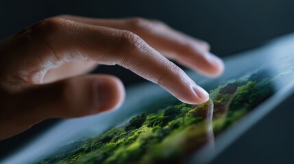 Hands working on a digital platform for carbon offsetting projects, responsible environmental contribution. Sustainability, compensation. Clean, modern.