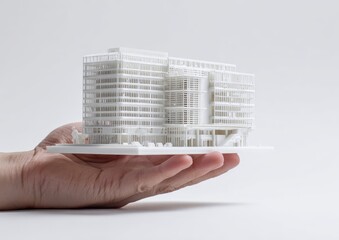 Hand holds a small, white 3D model of a modern building complex
