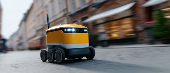 An automated delivery robot navigating a bustling city sidewalk, efficient urban logistics. Convenience, future mobility. Clean, dynamic.