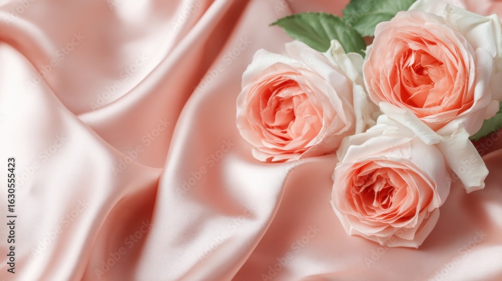 Poster Delicate roses in shades of peach and cream placed on flowing satin fabric create an elegant arrangement. This setting evokes a serene atmosphere ideal for a spring event.