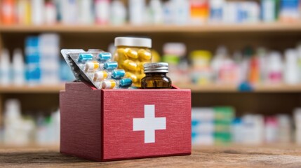 A red first aid kit is open displaying different medicines, including pills and bottles.