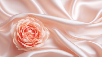 A beautifully crafted pink rose lays gently on smooth satin fabric. The soft folds of the fabric enhance the rose's elegance, perfect for decor or special moments.